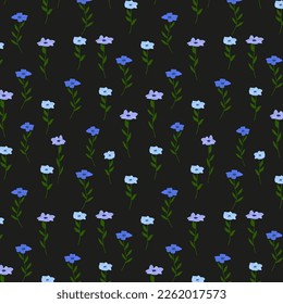 Isolated vector illustration. Seamless floral pattern. Star with branches of periwinkle flower. Vinca minor. Folk style. On black background. Vinca minor. Wild blue flowers on a black background.