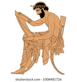 Isolated Vector Illustration. Seated Ancient Greek Man With A Scroll. Based On Authentic Vase Painting Image.