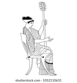 Isolated vector illustration of a seated ancient Greek woman holding a thyrsus. Black and white linear silhouette.