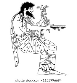 Isolated vector illustration. Seated ancient Greek god Zeus holding a thunderbolt and a bowl. Black and white linear silhouette.