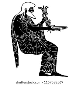Isolated vector illustration. Seated ancient Greek god Zeus holding a thunderbolt and a bowl. Black and white linear silhouette.