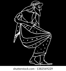 Isolated vector illustration. Seated ancient Greek god or man. Hand drawn linear doodle sketch. White silhouette on black background.