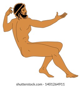 Isolated vector illustration. Seated ancient Greek man with pointing hand. Vase painting style.