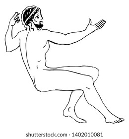 Isolated vector illustration. Seated ancient Greek man with pointing hand. Hand drawn linear doodle sketch. Black silhouette on white background.