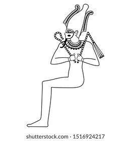 Isolated vector illustration. Seated ancient Egyptian god Osiris. Black and white linear silhouette.