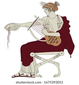 Isolated vector illustration. Seated ancient Greek god Apollo with cup and lyre. Vase painting style.