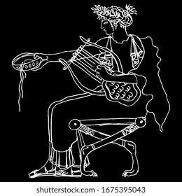 Isolated vector illustration. Seated ancient Greek god Apollo with cup and lyre. Vase painting style. Hand drawn linear doodle sketch. White silhouette on black background.