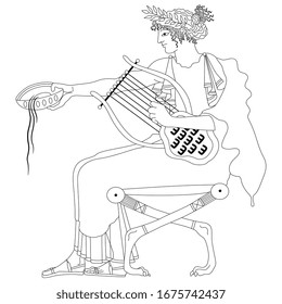 Isolated vector illustration. Seated ancient Greek god Apollo or beautiful woman with cup and lyre. Black and white linear silhouette.
