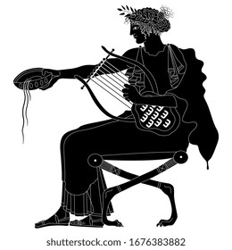 Isolated vector illustration. Seated ancient Greek god Apollo or beautiful woman with cup and lyre. Black and white silhouette.