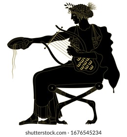Isolated vector illustration. Seated ancient Greek god Apollo or beautiful woman with cup and lyre. Monochrome black and gold silhouette.