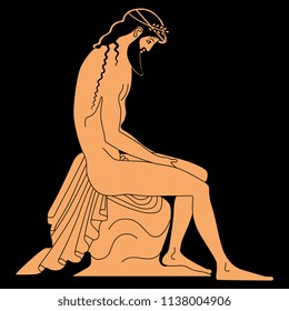 Isolated vector illustration of a seated bearded ancient Greek man. Based on antique vase painting.