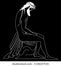 Isolated vector illustration of a seated bearded ancient Greek man or god. Based on antique vase painting. Linear white silhouette on black background.