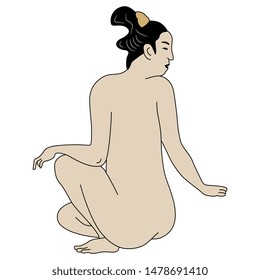 Isolated vector illustration. Seated Japanese woman. Traditional style.