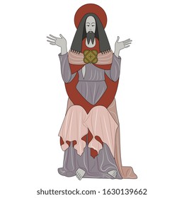 Isolated vector illustration. Seated Jesus Christ. Christian god. Medieval Catholic style. 