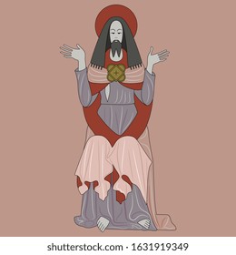 Isolated vector illustration. Seated Jesus Christ. Christian god. Medieval Catholic style. 