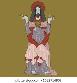 Isolated vector illustration. Seated Jesus Christ. Christian god. Medieval Catholic style. 
