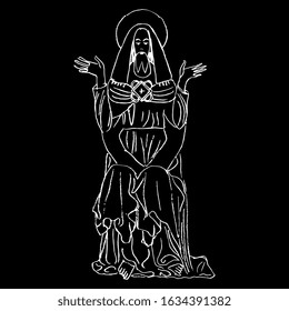 Isolated vector illustration. Seated Jesus Christ. Christian god. Medieval Catholic style. Hand drawn linear doodle sketch. White silhouette on black background.