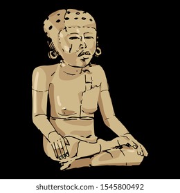 Isolated vector illustration. Seated lady with cranial deformation. Ancient Mexican Pre-Columbian sculpture from Veracruz. Hand drawn colorful sketch. On black background.
