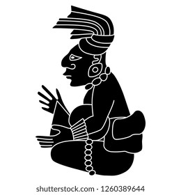 
Isolated vector illustration. Seated Mayan man. Ancient Mexican or Guatemalan tribal motif. Black and white linear silhouette. Cartoon style.