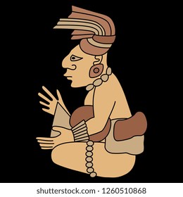 Isolated vector illustration. Seated Mayan man. Ancient Mexican or Guatemalan tribal motif. Cartoon style. On black background.