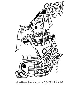 Isolated vector illustration. Seated Mayan man or god. Black and white linear silhouette.