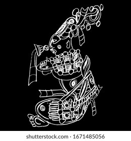  Ilustración vectorial aislada. Hombre o dios mayas sentado. Dibujo lineal del doodle dibujado a mano. Silueta blanca sobre fondo negro.