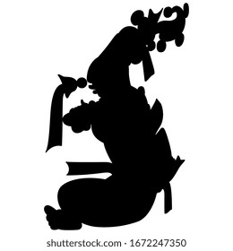 Isolated vector illustration. Seated Mayan man or god. Black silhouette on white background.