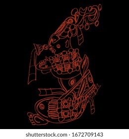 Isolated vector illustration. Seated Mayan man or god. Hand drawn linear doodle sketch. Red silhouette on black background.