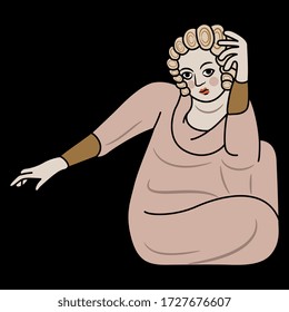 Isolated vector illustration. Seated medieval character. Man or woman. Illuminated manuscript motif. Pointing gesture.