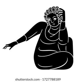 Isolated vector illustration. Seated medieval character. Man or woman. Illuminated manuscript motif. Pointing gesture. Black and white silhouette.