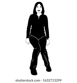 Isolated vector illustration. Seated smiling brunette rock girl in leather pants. Black and white silhouette.