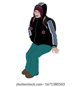 Isolated vector illustration. Seated tourist girl in winter clothes. 