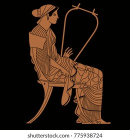 Isolated vector illustration. Seated woman with a lyre. Based on ancient Greek vase painting.