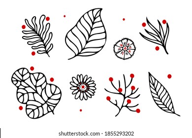 Isolated vector illustration set of abstract black and white leaves and flowers line art with red dots. The design is perfect for stickers, logos, icons, textiles, decorations, badges