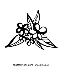 Isolated vector illustration set of abstract black and white blossoming leaves and flowers line art. The design is perfect for stickers, logos, icons, textiles, decorations, badges