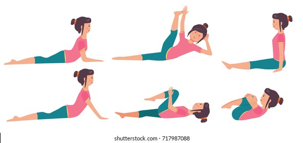 Isolated vector illustration set of fitness girl doing yoga exercises. Step by step sport instruction