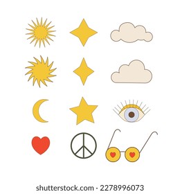Isolated vector illustration set in groovy style: clouds, glasses, sun, star moon, peace symbol and heart. Retro elements with 70s vibes is perfect for stickers, prints, posters, flyers, gifts