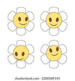 Isolated vector illustration set in groovy style: daisy flowers with smiling faces. Retro elements with 70s vibes is perfect for stickers, prints, posters, flyers, gift decoration etc.