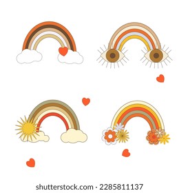 Isolated vector illustration set in groovy style: rainbows with clouds, eyes, sun, hearts and flowers. Retro elements with 70s vibes is perfect for stickers, prints, posters, flyers, gift decoration