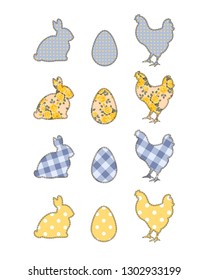 Isolated vector illustration set of handmade Easter chicken, bunny and egg.