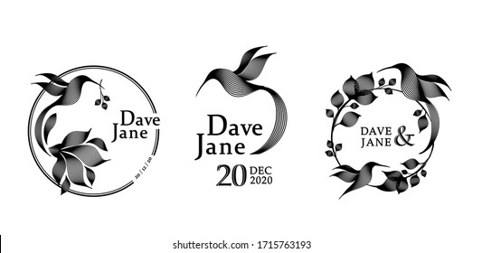 Isolated vector illustration set. Round floral and birds decor or frame, logo template. Black Hand drawn engraving on white background. Wedding day postcard template set
