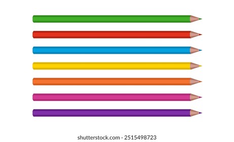 Isolated vector illustration set of seven coloured pencils creative art supplies stationery