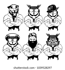 Isolated vector illustration of a set strong wild animal - men.