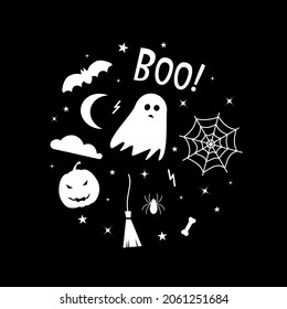 Isolated vector illustration. Set of white halloween icons on black backgroun