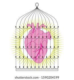Isolated vector illustration. Shining human heart in bird's cage. Abstract concept. Metaphor for romantic passion.