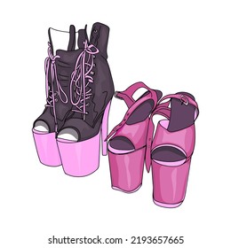 Isolated Vector Illustration Of Shoes, Boots With High Heels. Dance Shoes For Strip Plastic, Exotic, Strip As A Logo, A Blank For A Designer Icon,