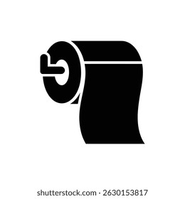 Isolated vector illustration showcases a black toilet paper roll on a dispenser, visibly displaying the hanging end of the tissue. Perfect for hygiene and restroom themes.