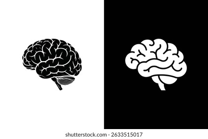 Ilustração vetorial isolada mostra uma silhueta cerebral, mostrando a anatomia do cérebro humano. Apresentado em fundos brancos e pretos.