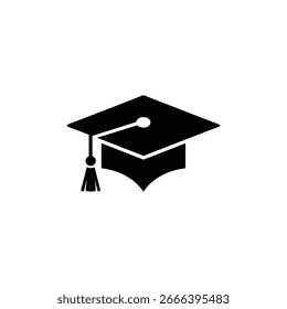 Ilustração vetorial isolada mostrando uma tampa de graduação preta, completa com uma borla e um botão, contra um fundo branco limpo. Perfeito para temas e projetos educacionais.