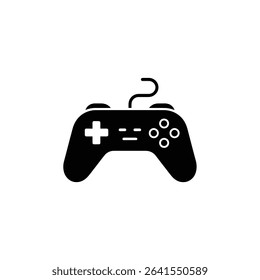 Isolated vector illustration showing a classic black video game controller with a wired connection, featuring directional buttons, action buttons and a comfortable grip.
